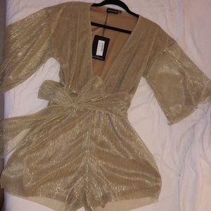 Gold Plisse Tie Front Romper